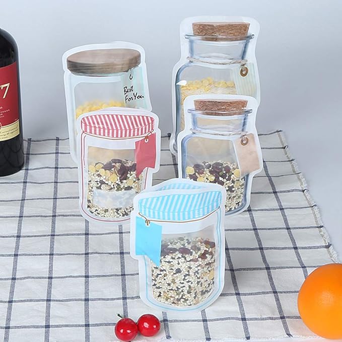 10 Pcs Reusable Jar Bags Mason Storage Bag for Food Snack Nut Dried Fruit Cookies, Safe Material Airtight Seal Leak-Proof Zip-lock Bottle Shaped Bag for Travel Camping Picnic Zipper Fresh Bags