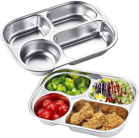 2 Pack Stainless Steel Rectangular Divided Plates Tray,4 Sections Dinner Plates for Adults,Picky Eaters,Campers,Diet Food Portion Control lunch tray