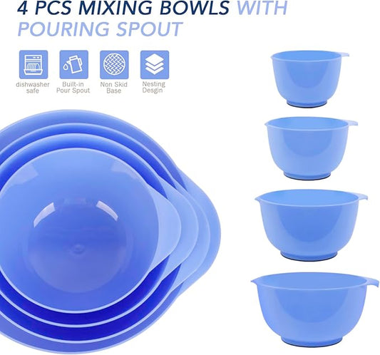 BoxedHome 4 Quart Large Plastic Mixing Bowls, Microwave Safe Mixing Bowl Set with Pour Spout, Nesting Bowls for Space Saving Storage(Violet Blue)