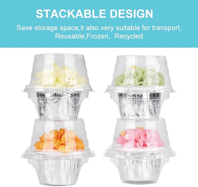 100 Pcs Cupcake Boxes Plastic Individual Cupcake Containers Single Cupcake Carrier with Connected Airtight Dome Lid for Party