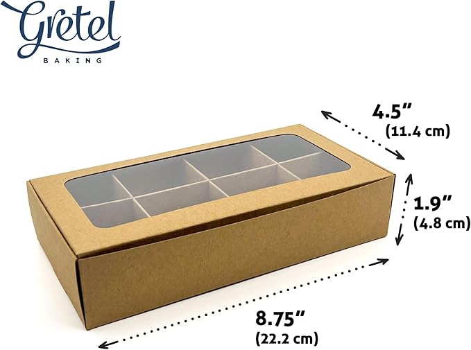 Treat boxes with window and dividers | 8 SMALL compartments | 8.75 x 4.5 x 1.9 in | Chocolate covered strawberries supplies, macaron boxes, baked goods packaging | 10-pack (Kraft)