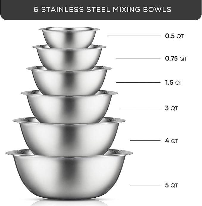 JoyJolt Stainless Steel Mixing Bowl Set - 6 Piece Nesting Bowls, 5qt to 0.5qt, Ideal for Kitchen, Cooking, Baking and Storage