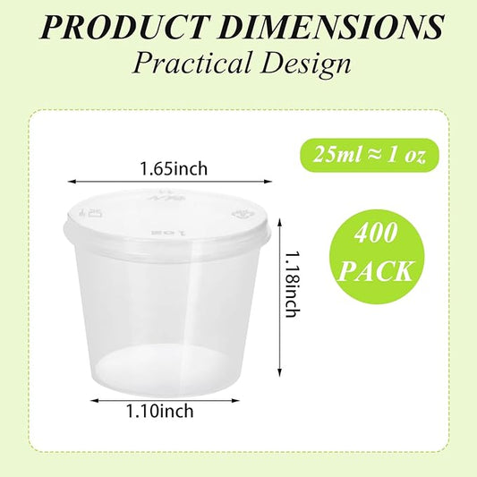 CYEAH 400PCS 1 oz Small Plastic Containers with Lids, Jello Shot Cups with Lids, Disposable Portion Cup BPA Free for Sauce, Condiments, Souffle, Salad Dressing, Medicine or Slime