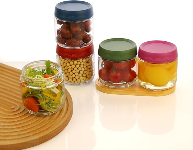 10 OZ Glass Food Jar Storage Containers with Airtight Lids, Reusable Wide Mouth Overnight Oats Glass Mason Jars for Snacks Yogurt Pudding(Multicolor 8pack)