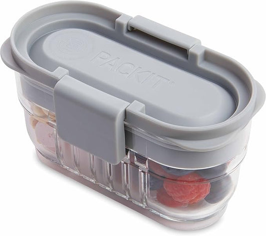 PackIt Mod Mini Bento Food Storage Container, Steel Gray, Shatterproof Crystal Clear Base, with Leak-resistant Divider and Lid, Microwavable, Dishwasher Safe, Designed for Snacks, 1 Cup Capacity