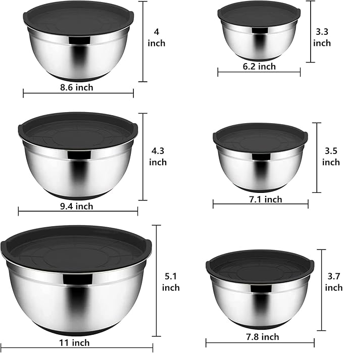 Menbyci 6 Pcs Mixing Bowls with Lids,Stainless Steel Mixing Bowls with 3 Grater Attachments,Non-Slip Bottoms,Kitchen Utensils,Mixing Bowl Set for Kitchen Mixing Baking Prepping Cooking Serving,Black