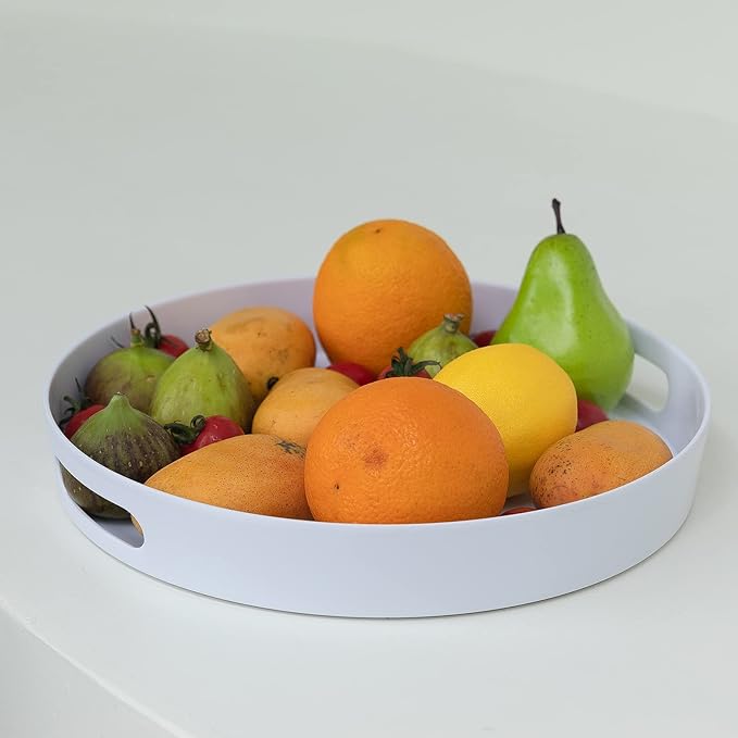 LEHAHA Large Round Serving Tray with Handles, Large Melamine Serving Tray for Coffee Table, Serving Food and Beverages, Modern Round Decorative Trays for Home/Bathroom Décor. Set of 2,Teal and White