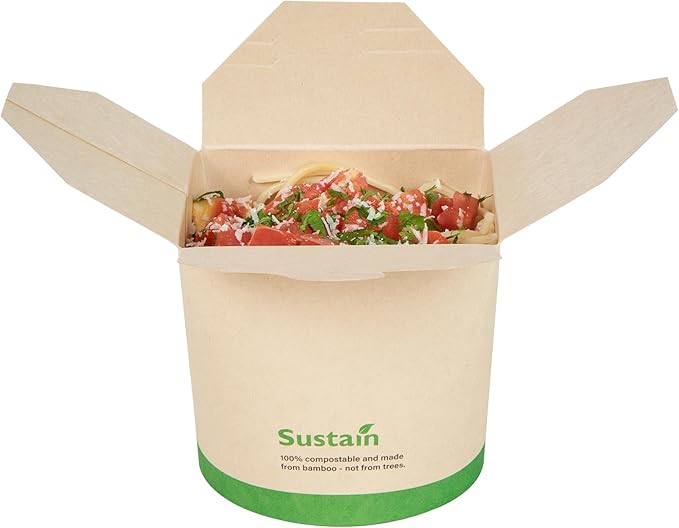 Restaurantware Sustain 26 Ounce Sturdy Paper Take Out Boxes, 50 Disposable Take Out Food Containers - With PLA lining, Compostable, Bamboo Paper Containers, Built-In Tab-Lock Cover, Greaseproof