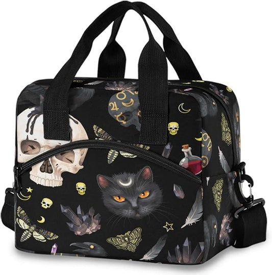 MNSRUU Insulated Lunch Bag with Goth Skull Moth Design - Reusable Leakproof Lunch Cooler Tote for Work, School