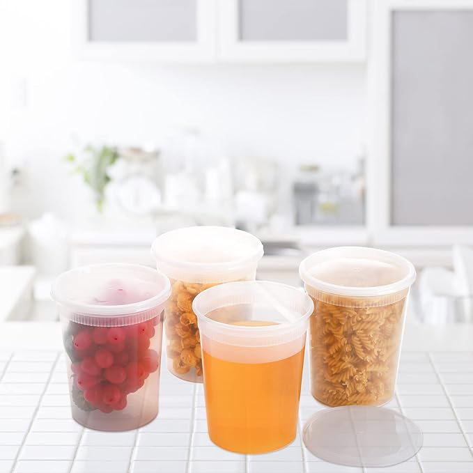 Lawei Set of 50 Plastic Deli Food Containers with Lids - 32 Oz Food Storage Containers Freezer Deli Cups for Soup, Party Supplies, Meal Prep and Portion Control