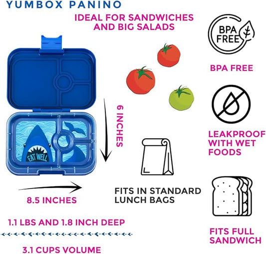 Yumbox Tapas Leakproof Bento Lunch Box Container (Monte Carlo Blue with Shark Tray) 4 Compartment Sandwich Friendly Tray. Pack Sandwiches, Wraps, Bagels and more.