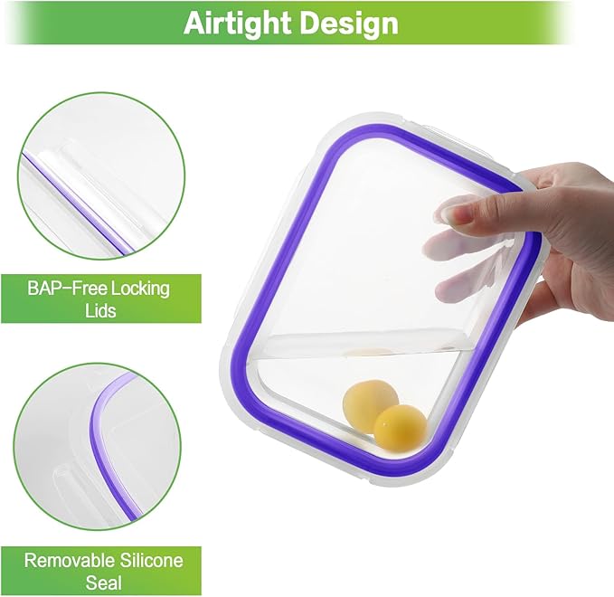HOMBERKING Glass Food Storage Containers with Lids, [18 Piece] Glass Meal Prep Containers, Airtight Glass Lunch Bento Boxes, BPA-Free & Leak Proof (9 lids & 9 Containers) - Purple
