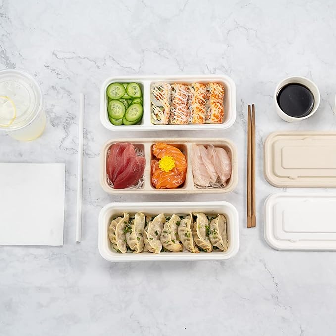 Restaurantware Pulp Tek 9.2 x 3.8 x 1.8 Inch Takeaway Food Boxes 100 Microwavable Take Out Containers - Lids Sold Separately Freezable Bagasse Catering Food Containers 3 Compartments 17 Ounces