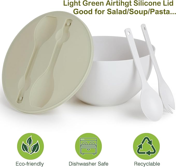10" Large Salad Bowl with Sealed Lid & Serving Utensils,135Oz, White Big Bamboo Fiber Salad Serving Bowl with Servers for Mixing/Serving (Silicone Light Green Lid)