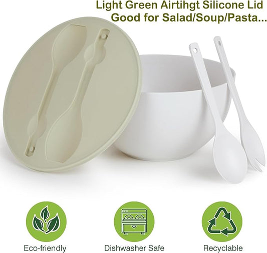 10" Large Salad Bowl with Sealed Lid & Serving Utensils,135Oz, White Big Bamboo Fiber Salad Serving Bowl with Servers for Mixing/Serving (Silicone Light Green Lid)