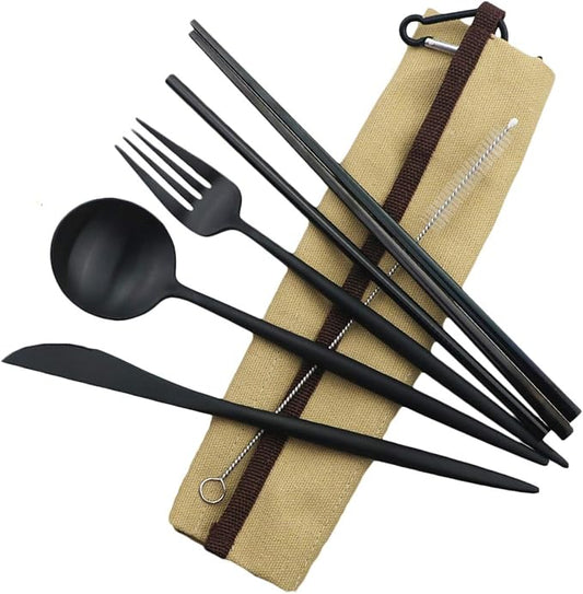 Reusable Travel Utensils, 7 Piece Portable 304 Stainless Steel including Knife Fork Spoon Chopsticks Cleaning Brush Straws Portable Pouch, Eco-friendly Camping Silverware Set, Dishwasher Safe