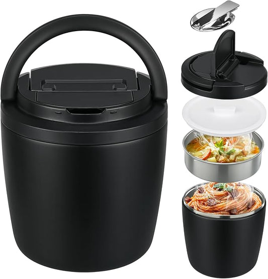 MAXSO Lunch Container 40 oz for Adults Stainless Steel Vacuum Insulated Food Jar, Soup Thermo for Hot Food Thermal Bento Box, Wide Mouth Leakproof Buckle Lid with Spoon - Black