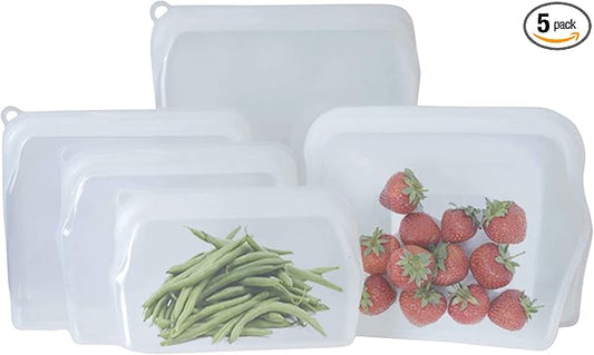 Silicone Reusable Storage Bag, Bundle 5-Pack Large (clear) | Food Meal Prep Storage Container | Lunch, Travel, Makeup, Gym Bag | Freezer, Oven, Microwave, Dishwasher Safe, Leakproof