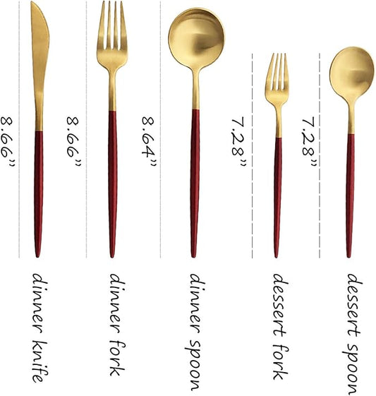 Silverware Set, Hand polished Matte Gold Red Flatware Cutlery Set Service for 2, Satin Finish 10 Pieces 18/10 Stainless Steel Utensils Set for Home and Restaurant, Dishwasher Safe