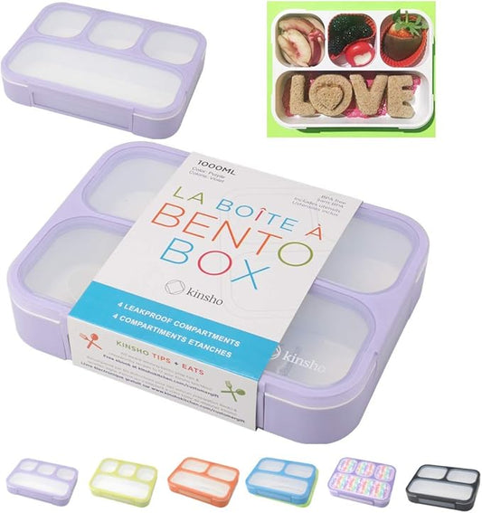 kinsho Bento Lunch Box for Kids Lunch-Boxes for Women Adults Girls Boys | Leakproof Snack Containers for Toddlers Tweens Pre-School Lunches BPA Free | Purple, 4 compartments (1 Pack)