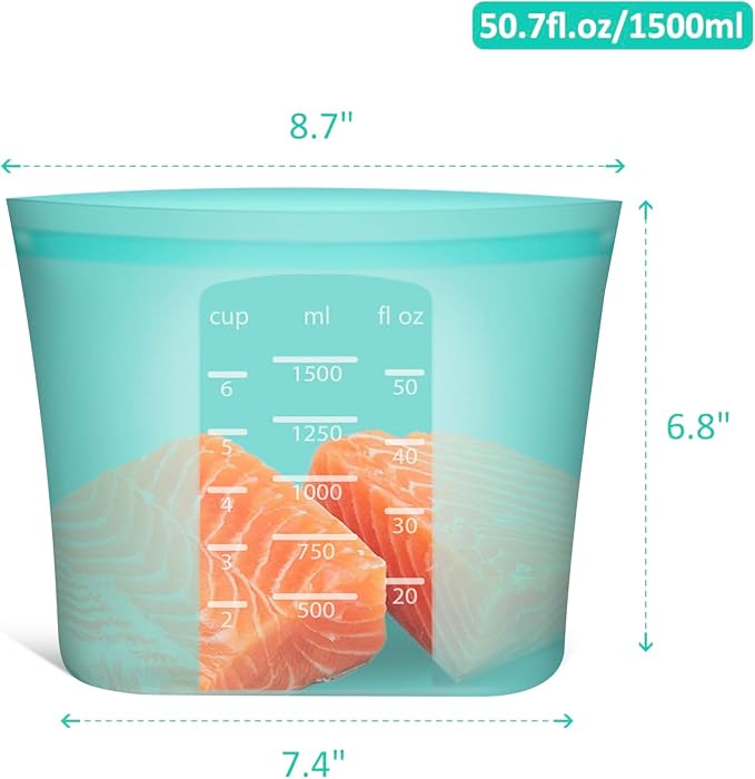 Large Reusable Storage Bag, 4 Pack 100% Silicone Food Storage Bags Stand Up Silicone Zip Lock Bags for Food Container, Freezer Microwave Oven Dishwasher Safe, Aqua, 50.7oz/ 1500ml