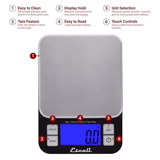 Escali Nutro Digital Food Scale, Multi-Functional Kitchen Appliance, Precise Weight Measuring and Portion Control, Baking and Cooking Made Simple, Stainless Steel Platform, Black, 1 Unit
