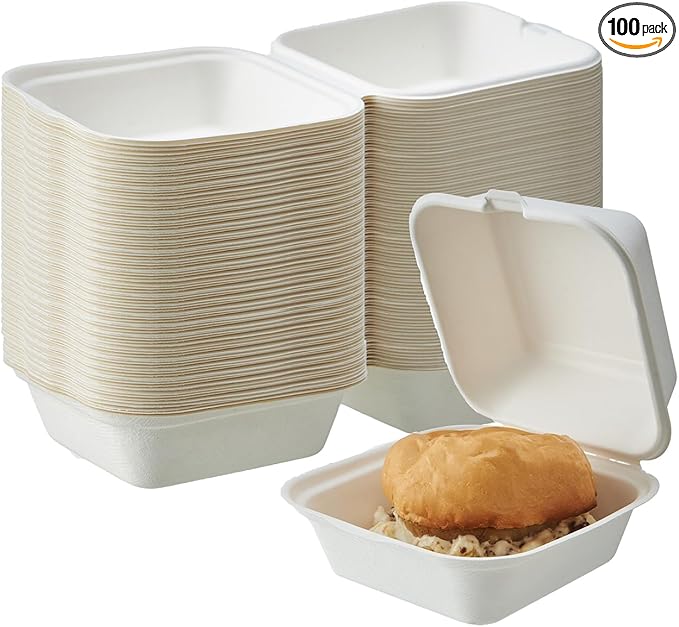 [6X6 1-Compartment 100-Pack Bio Natural Clamshell Take Out Food Containers with Lids, Disposable Bagasse Togo Plates, Eco-Friendly Biodegradable Made of Sugar Cane Fibers