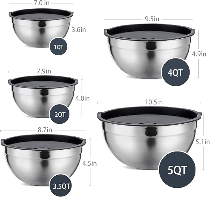Mixing Bowls Set of 5,Stainless steel Nesting Bowls with Airtight Lids,Size 5, 4, 3.5, 2, 1.5QT for Baking,Cooking,Prepping and Saving Food (BLACK, 5PCS)