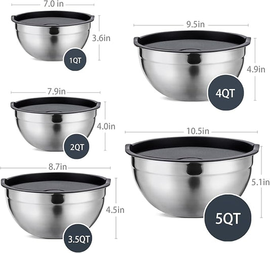 Mixing Bowls Set of 5,Stainless steel Nesting Bowls with Airtight Lids,Size 5, 4, 3.5, 2, 1.5QT for Baking,Cooking,Prepping and Saving Food (BLACK, 5PCS)