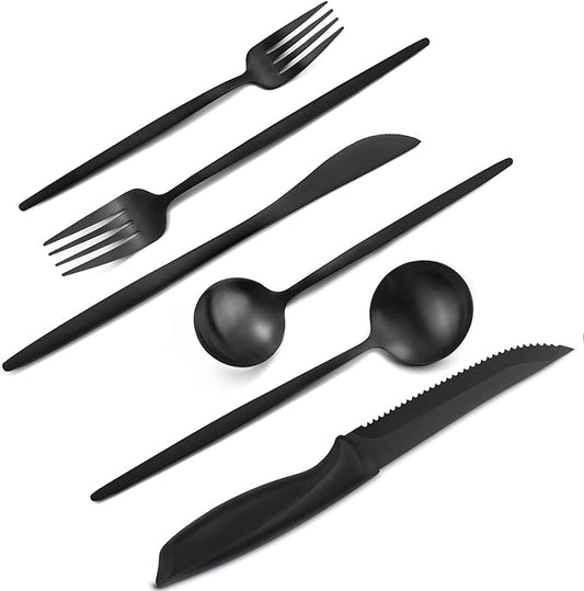 48 Pieces Matte Black Silverware Set with Steak Knives, Satin Finish tableware Cutlery Set, Home and Restaurant, Service for 8, Dishwasher Safe