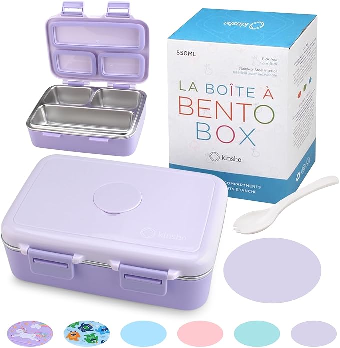 Stainless Steel Lunch Box for Baby Toddlers Girls, Mini Bento, 3 Eco Metal Portion Sections Leakproof Lid, Pre-School Daycare Lunches, Toddler Kids Spill-Proof Snack Container, 18 oz/550 mL Purple