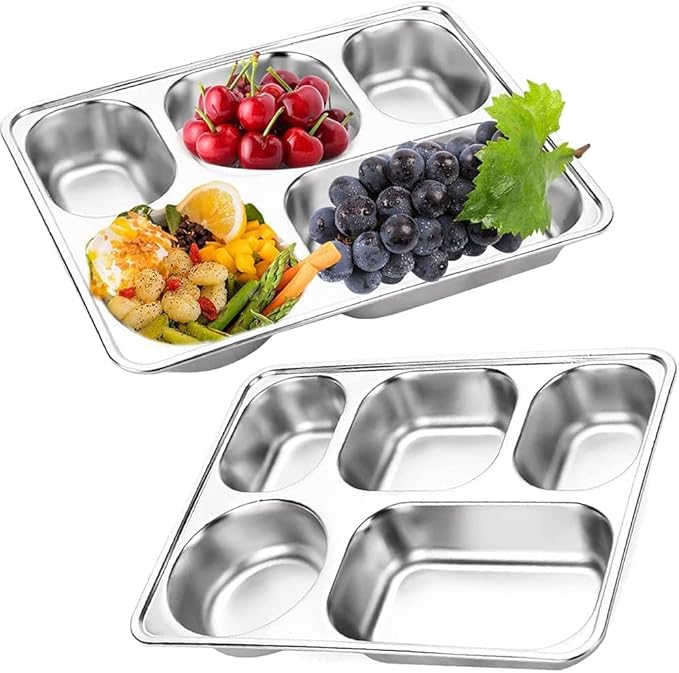 Large 13 inches Stainless Steel Rectangular Divided Plates,5 Sections Dinner Plates for Adults,Campers and Portion Control Lunch Container,2 Pack Unbreakable Rectangular Plates for Every Day Use