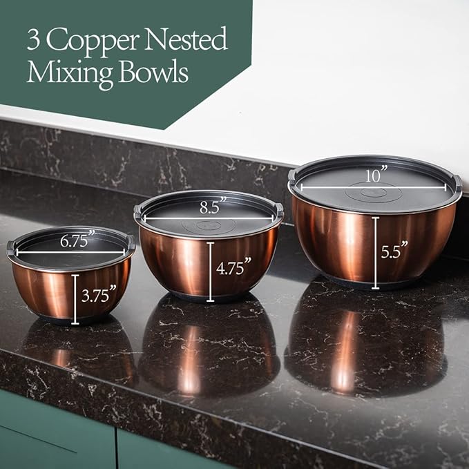 Samma Copper Mixing Bowl Set - Stainless Steel Body with Black Silicone Bottom - 3 Piece Set with Lids