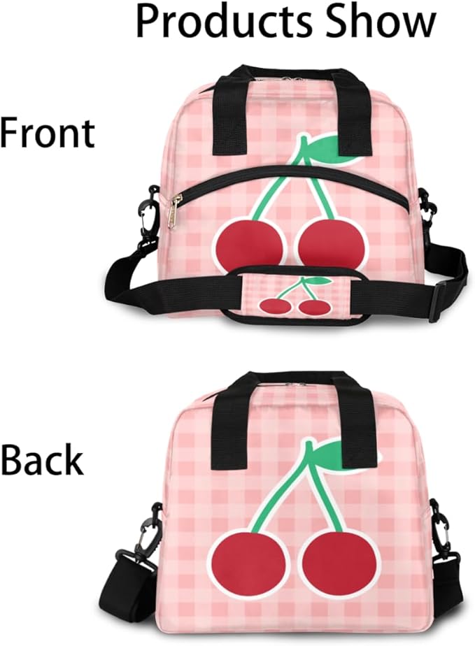 Pink Check Cherry Print Insulated Lunch Bag with Detachable Shoulder Strap & Carry Handle Reusable Eco-friendly Cooler Bag Tote Bag Picnic Box for Kids Men Women