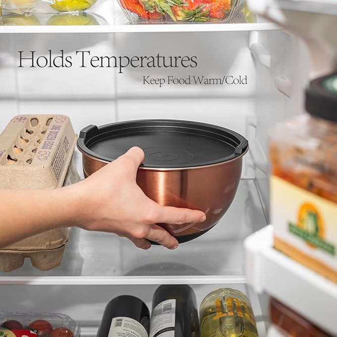 Samma Copper Mixing Bowl Set - Stainless Steel Body with Black Silicone Bottom - 3 Piece Set with Lids