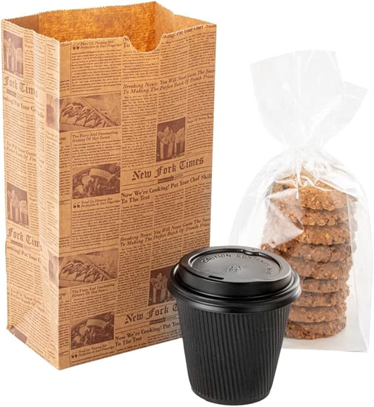 Restaurantware Bag Tek 4 Lb Disposable Lunch Bags 100 Sturdy Take Out Bags - Flat Bottom Microwavable Kraft Newsprint Design Paper Bags Freezable Great For Restaurants Cafes And Bakeries