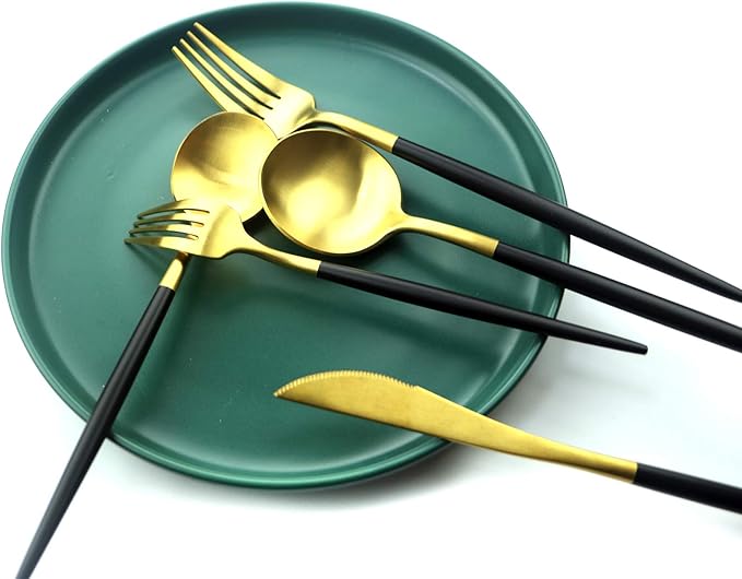 20-Piece Matte Gold & Black Handle 18/10 Stainless Steel Flatware Set, Titanium Cutlery for Home & Restaurant, Dishwasher Safe
