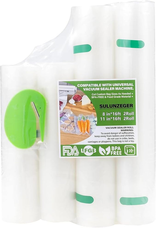 Vacuum Sealer Bags, 2 Rolls 8"X16' and 2 Rolls 11"X16' Airtight Food Storage Bag, Sous Vide Roll with Bags Cutter for Vacum Sealing Machine, Microwave Freezer Safe, BPA Free (Transparent)
