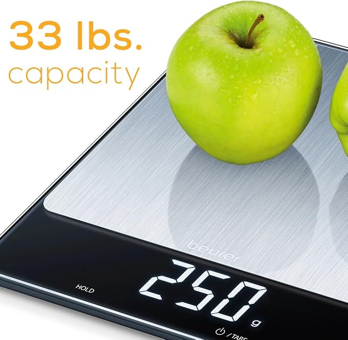 Beurer KS34 Digital Kitchen Scale - Precise Scale for Food Ounces and Grams, 33lbs Capacity, XL Weighing Platform for Meal Prep, Magic Display, Tare Function - Batteries Included - Black Glass