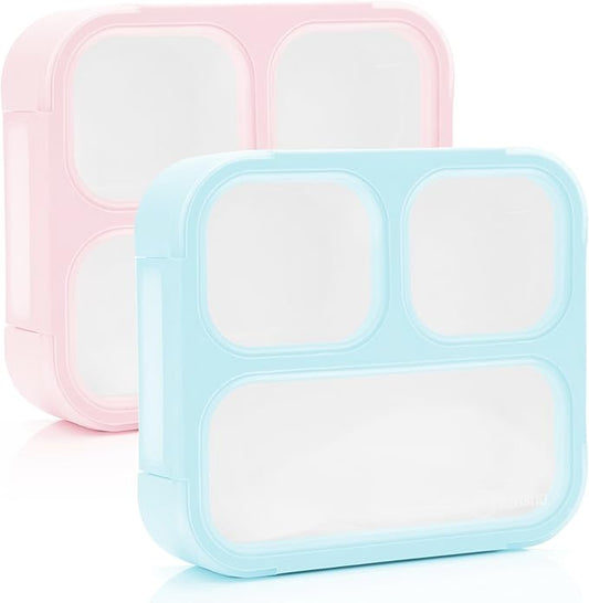 Medium Bento Box for Kids, Lunch-Box for Boys or Girls, Leakproof 3 Compartment Containers for Meal or Snack, BPA Free, 2 pack Pastel Teal + Pink