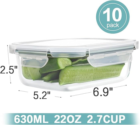 HOMBERKING 10 Pack 22oz Glass Meal Prep Containers, Glass Food Storage Containers with Lids, Airtight Glass Lunch Bento Boxes, BPA-Free & Leak Proof (10 lids & 10 Containers) - White