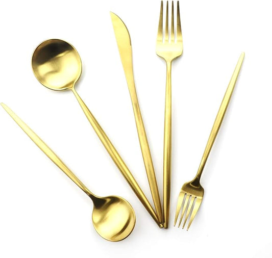 5 Pieces Matte Gold Handle 18/10 Stainless Steel Silverware Set, Flatware Set Titanium Cutlery Set, Utensils Set for Home Restaurant, Dishwasher Safe (Full Gold)