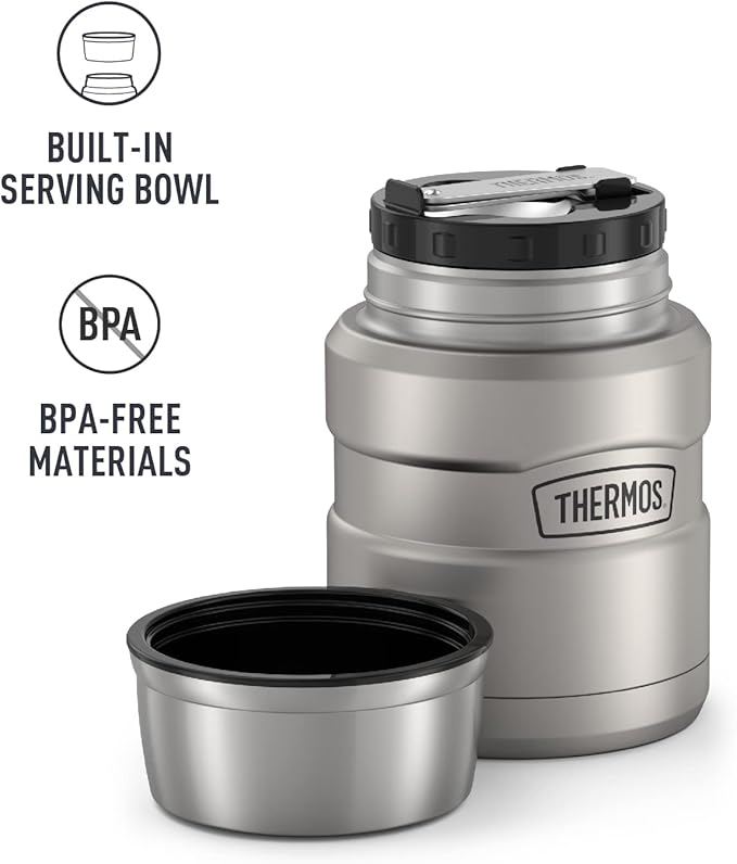 THERMOS Stainless King Vacuum-Insulated Food Jar with Spoon, 16 Ounce, Matte Stainless Steel