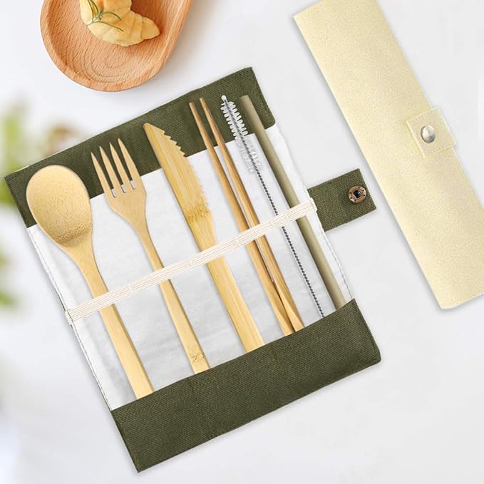 Set of 2, Bamboo Utensils Cutlery, DaKuan Reusable Cutlery Travel Set, Bamboo Spoon, Fork, Knife, Brush, Chopsticks and Straw, Eco-Friendly Portable Utensils With Case