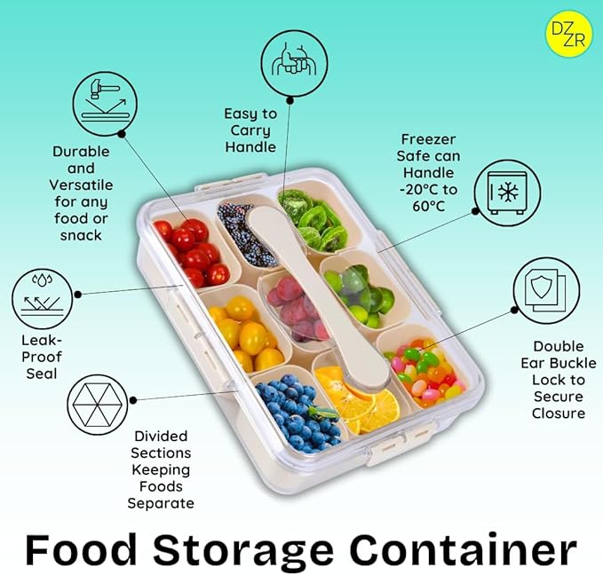 9 Compartment Snack Box Container (Set of 2) – Snack Tray with Lid, Vegetable Tray, Charcuterie Container, Multipurpose Food Storage for Snacks, Vegetables, Fruits, and More