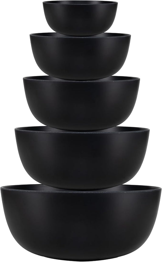 LEHAHA Bamboo Fiber Melamine Mixing Bowls, Set of 5, Nested Kitchen Bowls Set, Large Stackable Serving Bowls for Kitchen, Storage Bowl Ideal for Prepping, Cooking and Serving Food, Matte Black