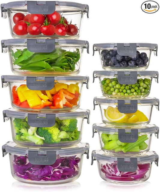 Igluu Meal Prep Round Glass Containers with Lids Airtight - Glass Food Storage Containers - Reusable Microwave, Freezer to Oven Safe BPA-free Lunch Box (10 Containers & 10 Lids) 32 oz & 13.5 oz