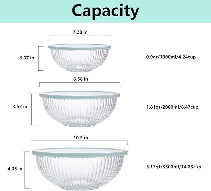 Glass Mixing Bowls with Lids Set of 3(3.7QT, 2.1QT, 1.1QT),Large Kitchen Salad Bowls, Space-Saving Nesting Bowls, Clear Glass Serving Bowls for Cooking,Baking,Prepping,Dishwasher Safe