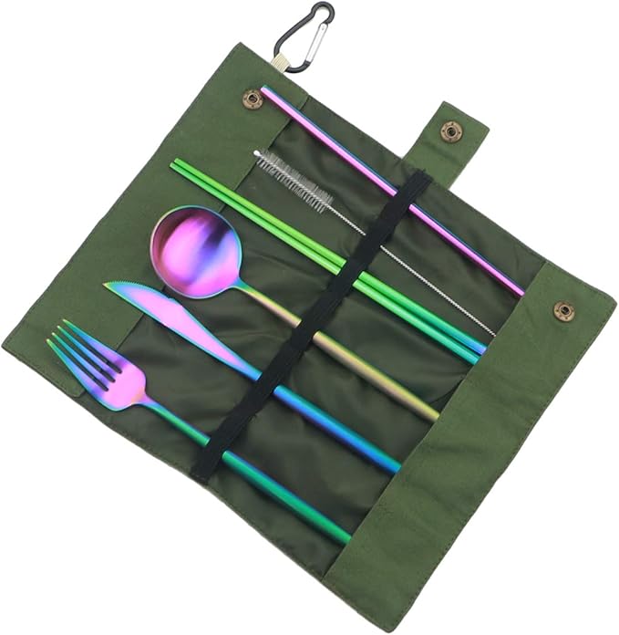 Reusable Travel Utensils, 7 Piece Portable 304 Stainless Steel including Knife Fork Spoon Chopsticks Cleaning Brush Straws Portable Pouch, Eco-friendly Camping Silverware Set, Dishwasher Safe