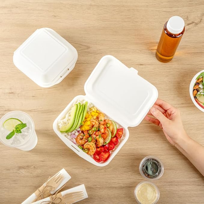 Restaurantware Pulp Safe No PFAS Added 20 Ounce Clamshell Boxes 100 Disposable Containers - Home Compostable Microwavable And Freezable White Bagasse Containers Built-In Hinged Lid